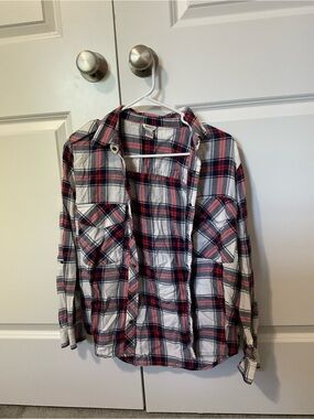 Plaid Button-Up Shirt Jacket in Red, Navy & White